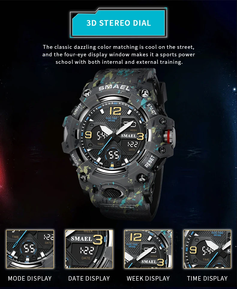 Sport Watch Military Watch For Men Alarm Clock Stopwatch LED Digital Back Light Dual Time Display 8008 Men's Watches Waterproof