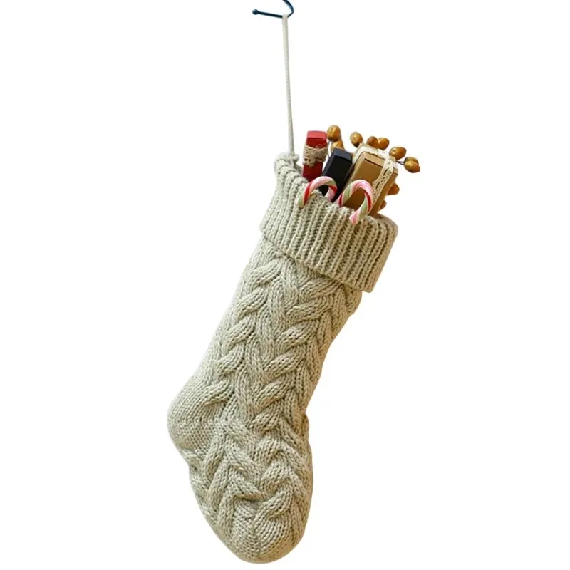 1pc Christmas Knitted Stockings Decor Festival Gift Bag Fireplace Xmas Tree Hanging Ornaments Red White Christmas Sock