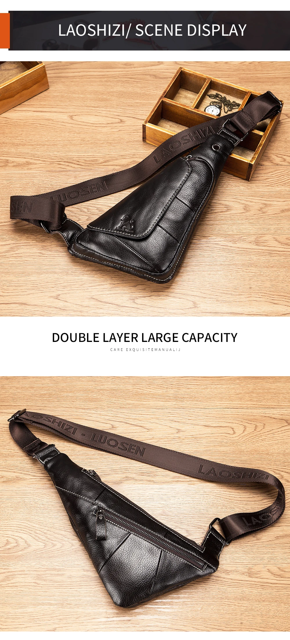 Head Layer Cowhide Chest Bag, Genuine Leather Men's Triangle Bag, Fashionable Retro Mini Bag, Single Shoulder Crossbody Bag
