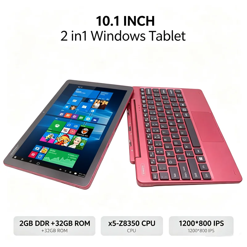 Detachable 10.1' Windows RE101 Laptop Tablet, Intel X5-Z8350, 2GB DDR 32GB ROM HD IPS Screen Dual Camera, HDMI-Compatible