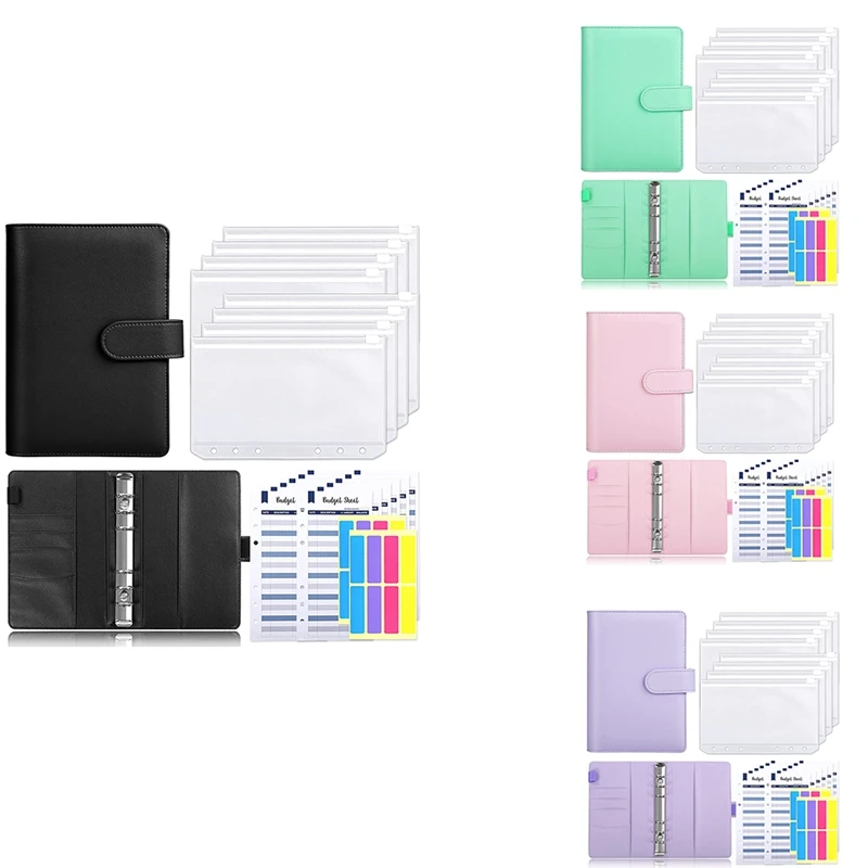 

A6 PU Leather Budget Binder,With 8 A6 Binder Bags,12 Papers,6 Ring Binder Budget Envelope System, With Label Stickers