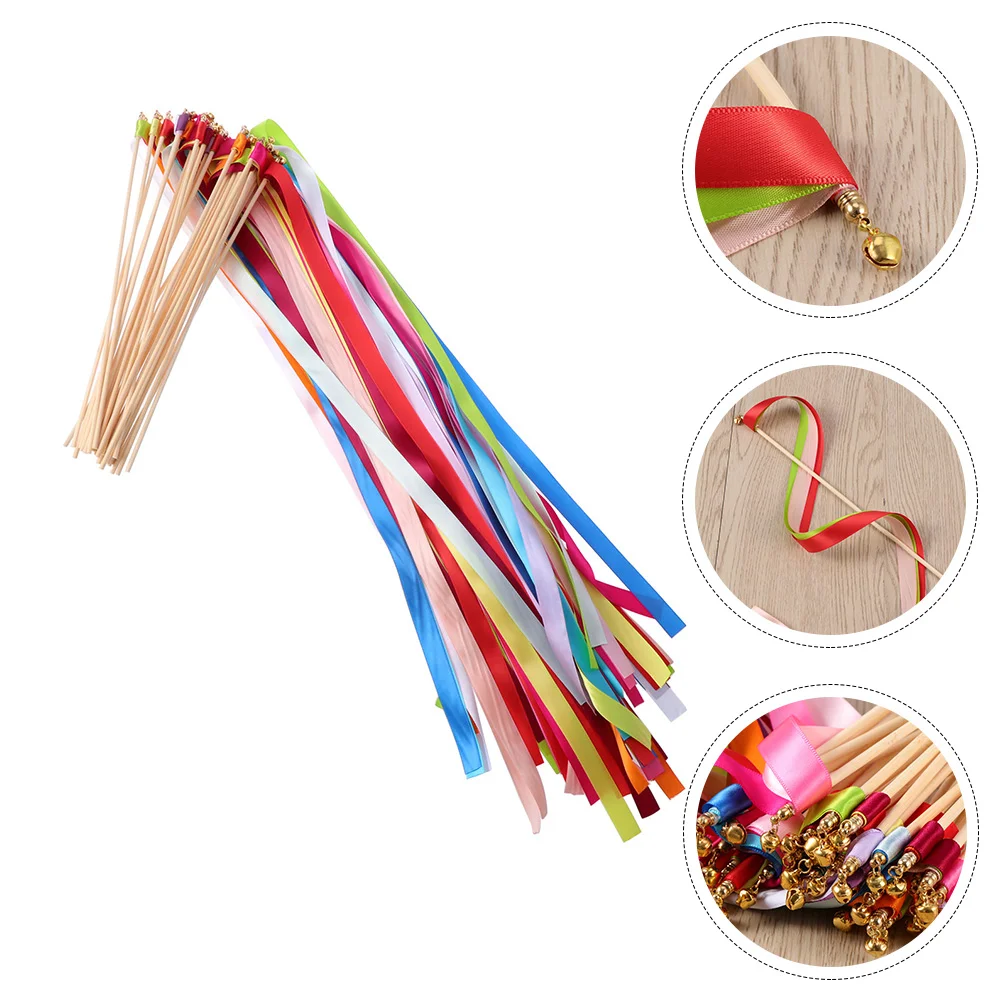 

Colorful Ribbon Wand Stick Fairy Stick With Gold Bells Wedding Party Streamers Decoration