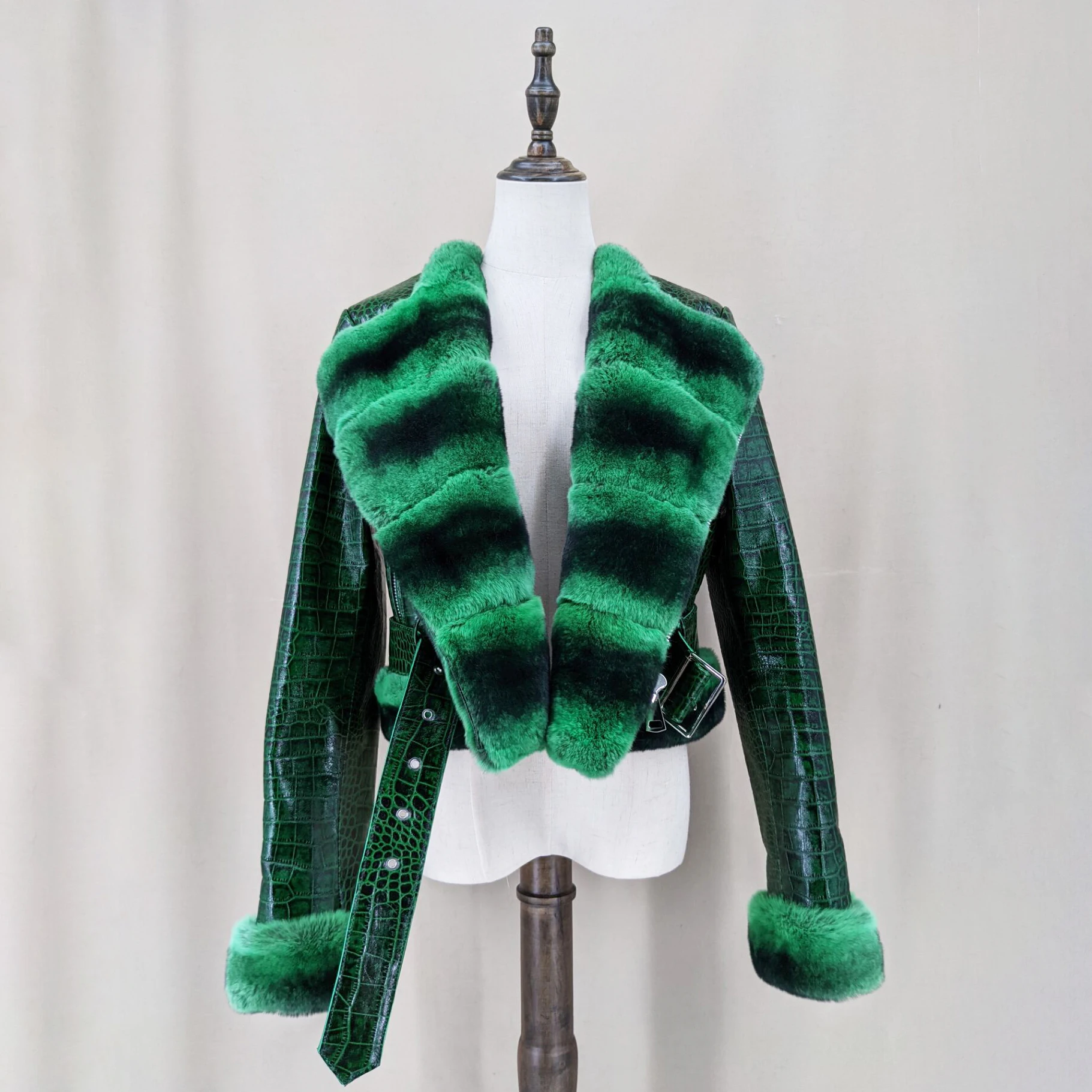 Women Sheep Leather Short Coat Jacket With Real Rex Fur Collar