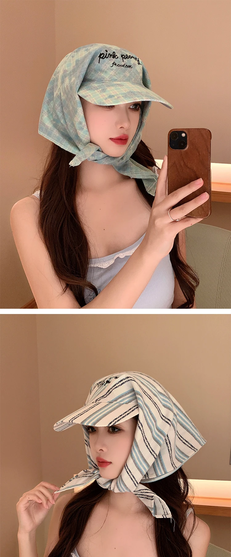 Neue Koreanische Original Ins Karierte Dreieckstuch-Mütze Damen Y2K Spicy Girl Bucket Hat Trendiger Sonnenschutz Sommerhut Baseballkappe – Detail 1