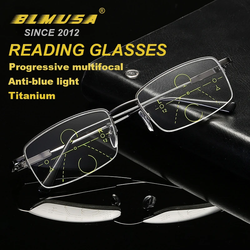 BLMUSA High Quality Progressive Multifocal Reading Glasses Men Titanium Anti Blue Light Glasses Women Casual Eyewear For Elderly