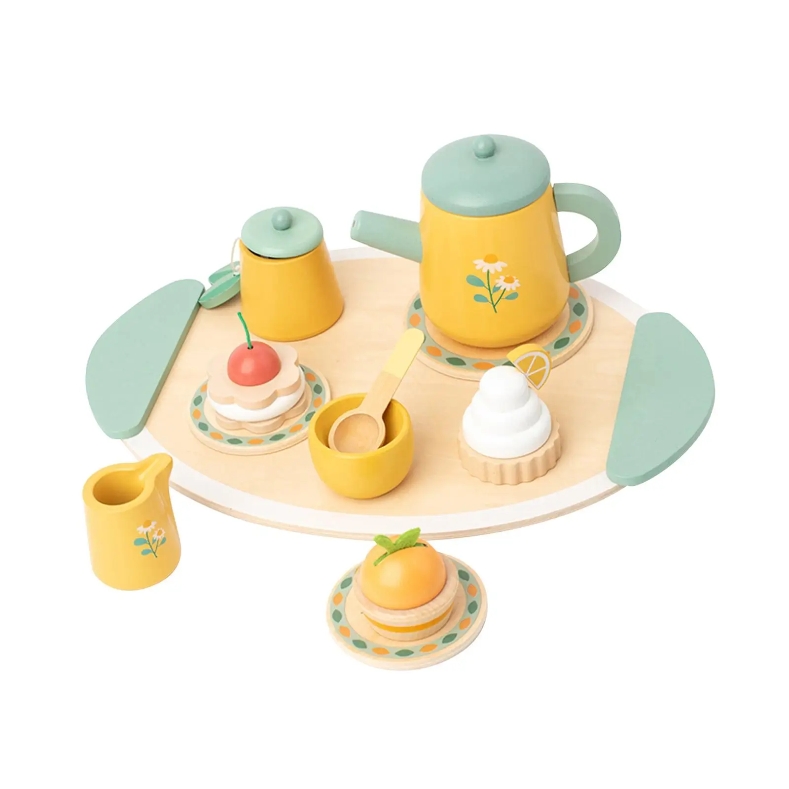 Wooden Tea Set Toys Mini Teapot Plates Playset Princess Playset Miniature Tea Set Cake Toys for Children Birthday Gift