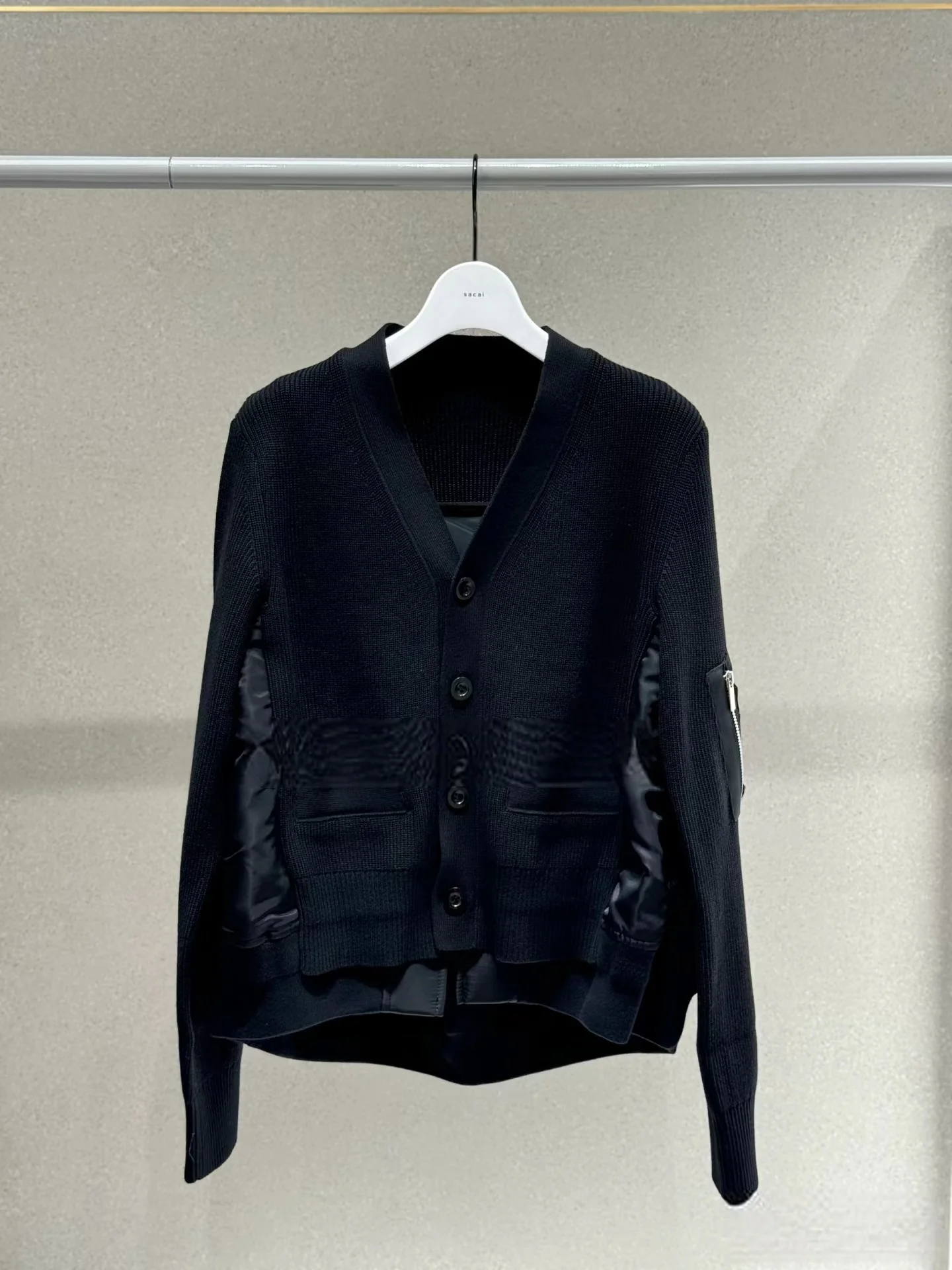 FOG SACAI Japanese Sle Spliced Long Sve Knitted Sweater Cardigan Women's Faion Autumn Winter V-ne Polyester Fiber