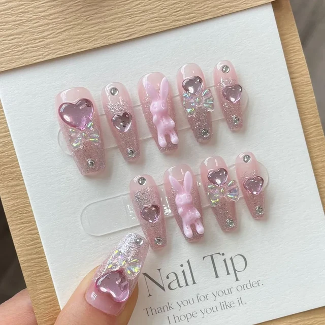 press on nails handmade french tip with pink pearl charms design