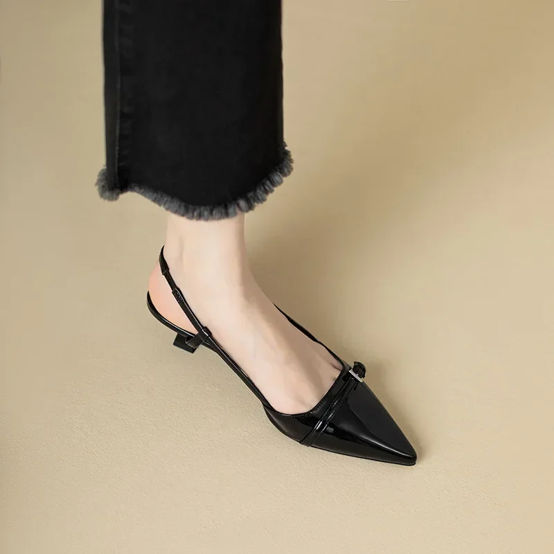 2024 New Summer French Wine Red Pointed Patent Leather Mid-heel Overhead Sandals for Women Retro Skinny Heel Back Empty Shoes 4