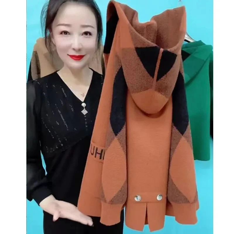 

2023 New Fashion Hooded Women Woolen Coat Autumn Winter Short Loose Double-Sided Cashmere Wool Coat Female Overcoat Ladies 6XL