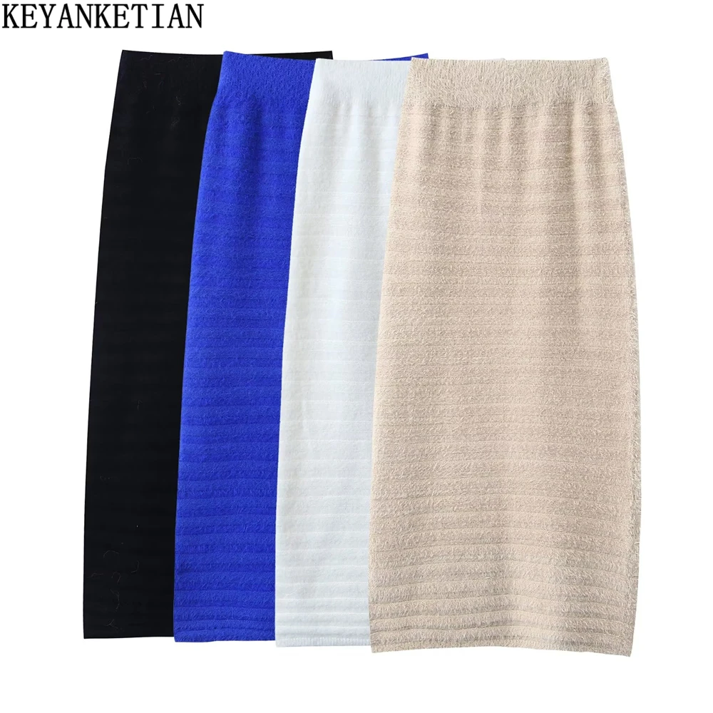 

KEYANKETIAN Women's mink cashmere knit skirt autumn/winter new hot sweetheart high Fanny belt hip skirt slit MIDI skirt