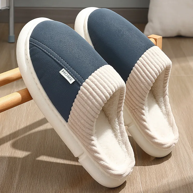 

Men Home Slippers Women Winter Warm Shoes Pu Leather Indoor Fluffy Soft Plush Slides Couples Bedroom Waterproof Thick Sole Flats