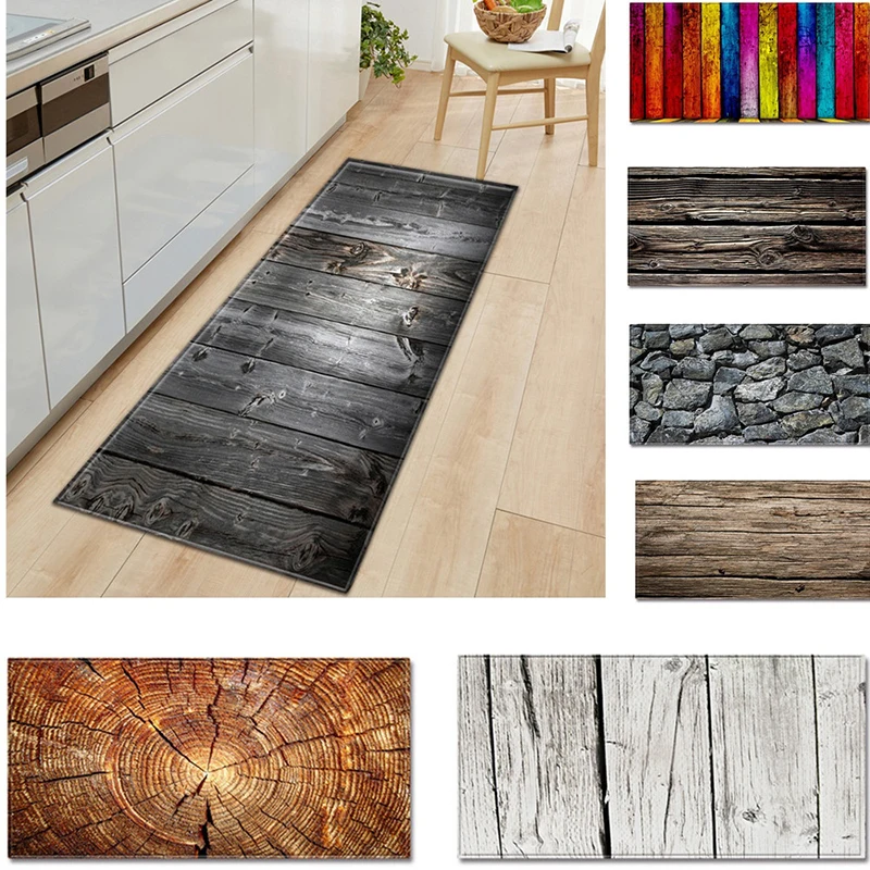 Fashionable Simple Rug Wood Grain Printed Kitchen Floor Mat Household Carpet Non-Slip Long Strip Door Mats Modern Home Decor