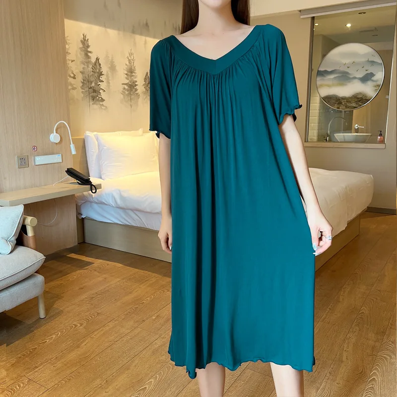 Modal Nightgowns Summer Women's Nightwear Nightdress Thin Skirt Short Sleeve Sleepwear Loose Plus Size Homewear Fold Night Dress