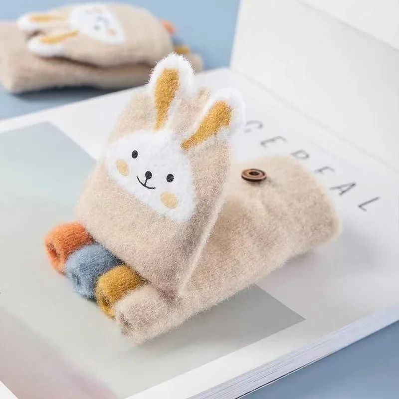 Children Five Finger Gloves Winter Warm Cute Cartoon Rabbit Half Finger Mittens for Kids Knitted Cotton Mitten Thermal Gloves