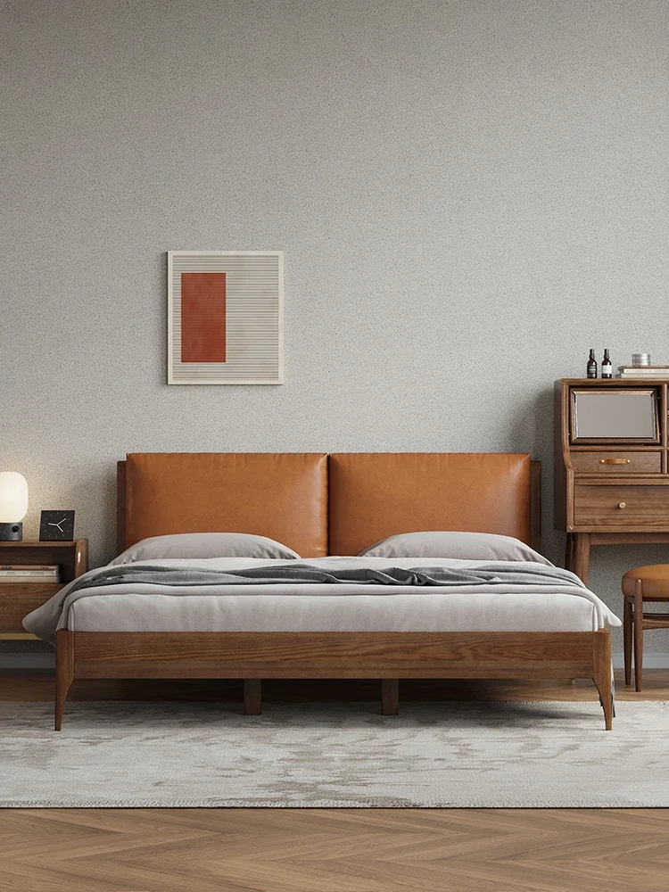

Nordic solid wood bed, modern fabric bed, simple double king bed, simple and luxurious soft backrest master bedroom