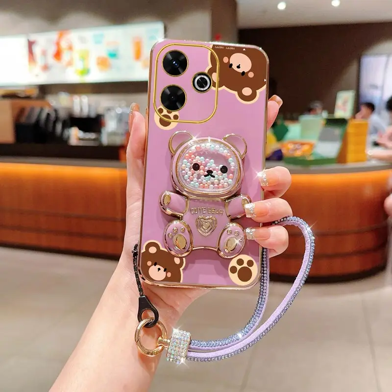 Diamond Wrist Strap Lanyard Cute Bear Phone Holder Case with Stand Cover