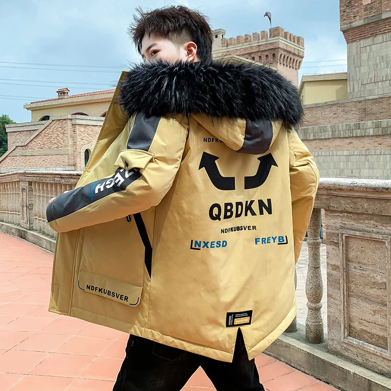 Classic Casual Mens Winter Hooded Cotton-Padded Jacket Outwear Warm Thick Parkas Detachable Fur Collar Down Coat Top Windbreaker
