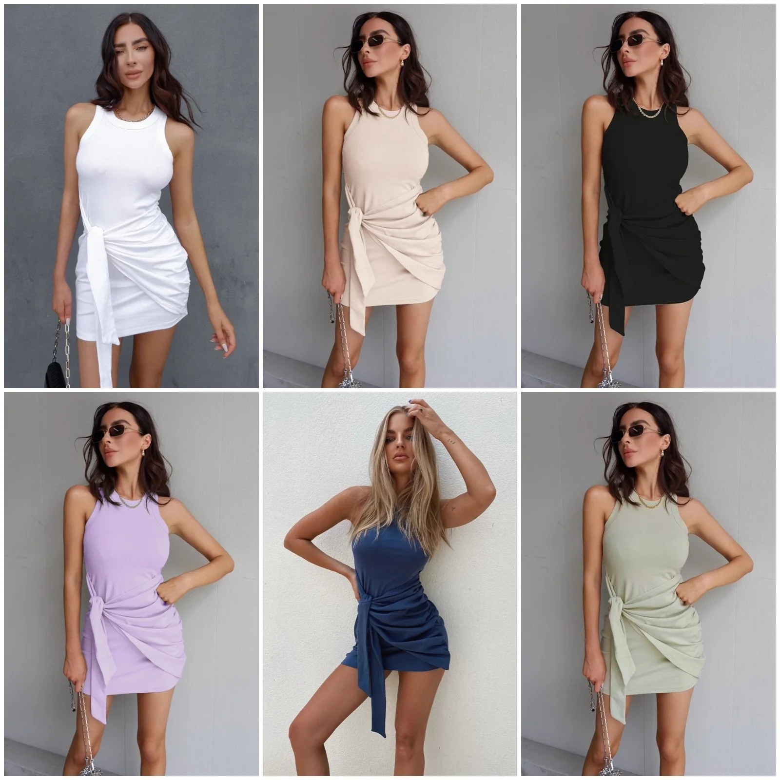 Summer Knitted Solid Color Round Neck Sleeveless Mid Waist Irregular Lace Up Tie Bottom Women's Dress, 2023 New Sportswear