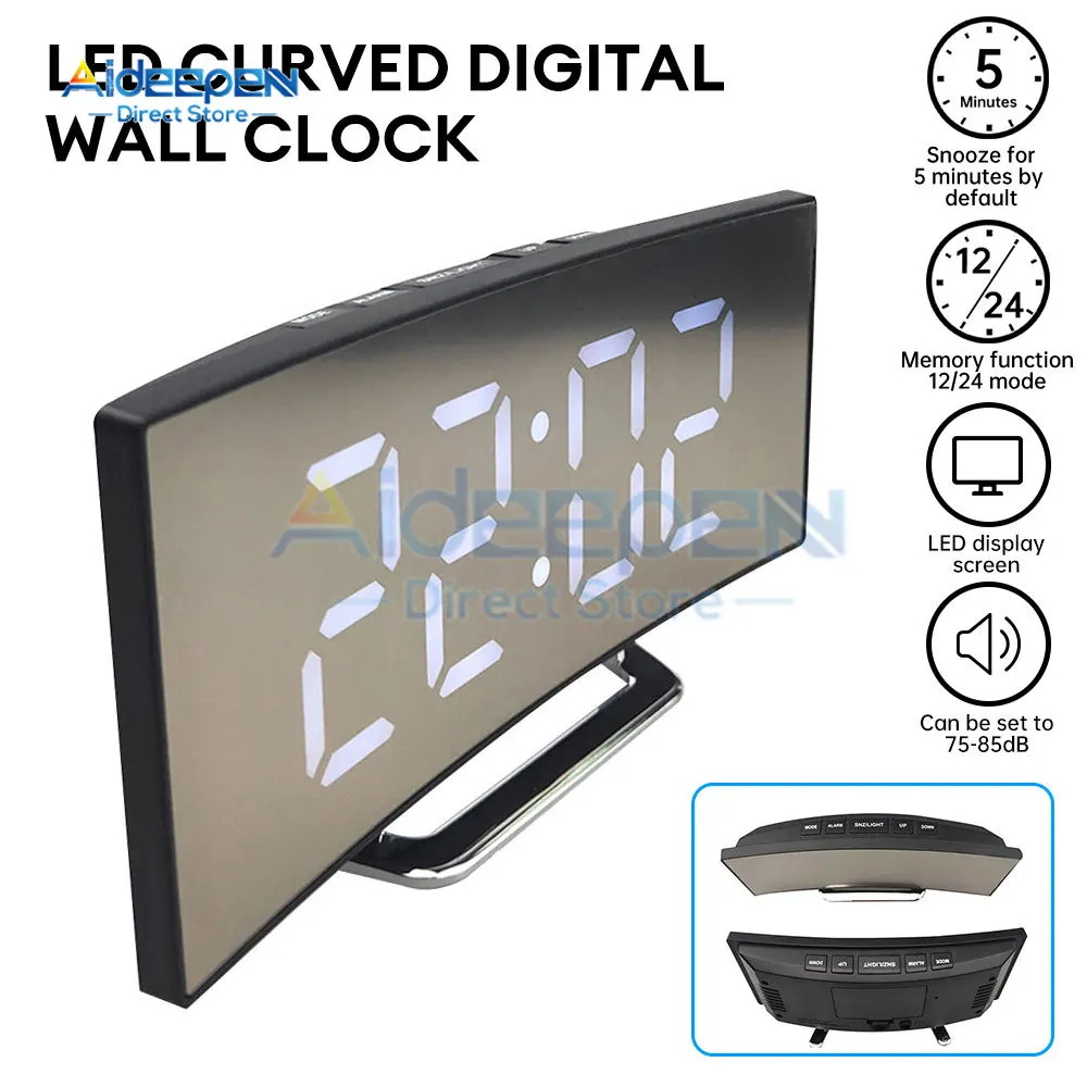 Led Alarm Clock Mirror Curved Screen Digital Alarm Clock With Sleep Temperature For Students Bedroom Living Room Office School 2