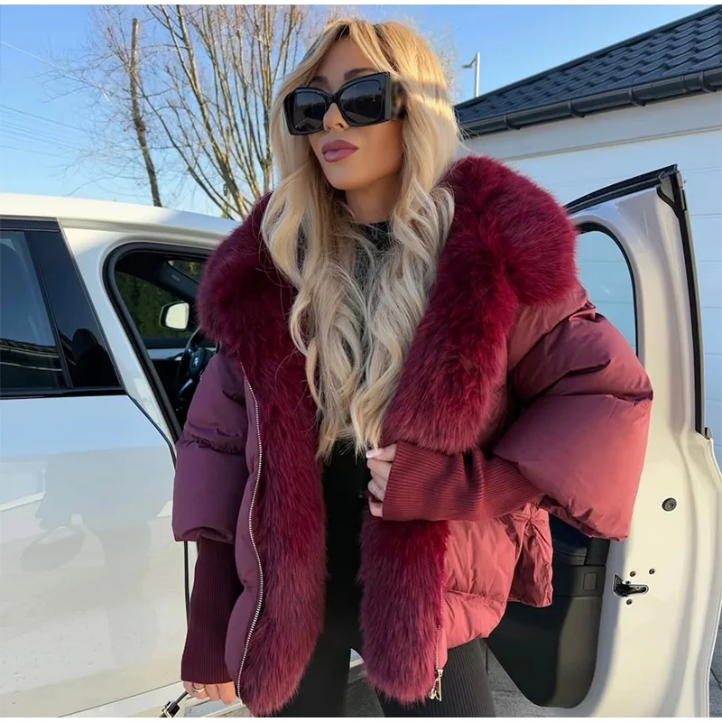 Oversized Faux Fur Hood Padded Jacket Women's Full Sleeve Zippers Loose Coats 2025 Autumn Winter Lady Thick Warm Outerwear
