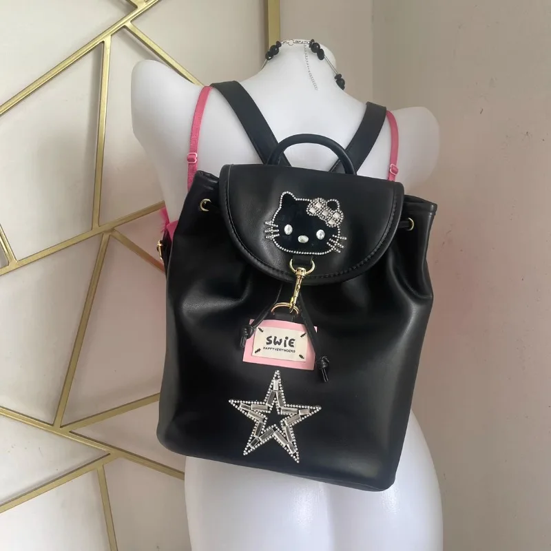 MBTI Y2k Hello Kitty Womens Backpack Vintage Black Pu Leather Fashion Casual Backpacks Patchwork Luxury Designer New Female Bag