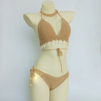 3pcs Bikini Set Woman Crochet Shell Tassel Bikini Top And Seashell Ankle Chain Sexy Thong Hollow-out Low Waist Bikini Bottom 1