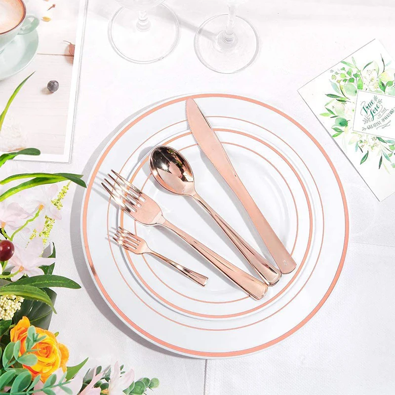 10Pcs Rose Gold Plastic Disposable Tableware Dessert Knives Forks Spoon Wedding Birthday Party Decoration Supplies Cutlery