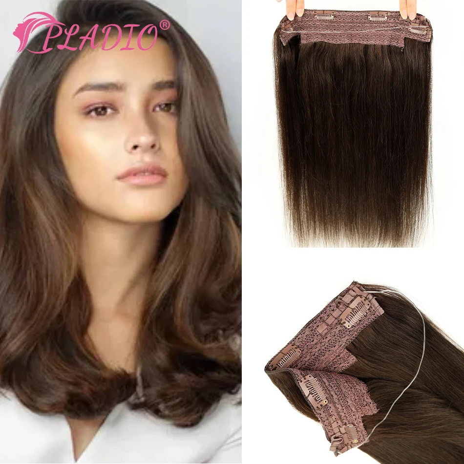 PLADIO 14-28Inch Fish Line Hair Extensions Clip in Hair Extension Real Human Apply With Invisible Wire Natural 4 Clips