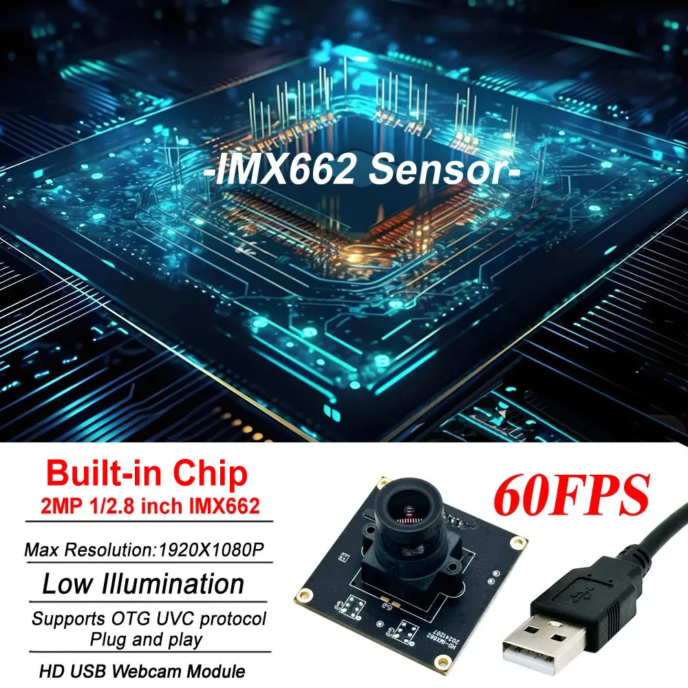 고속 60fps IMX662 미니 USB 카메라 HD 1080P 2MP 왜곡 없는 광각 렌즈 0.001LUX 저조도 UVC OTC USB 웹캠