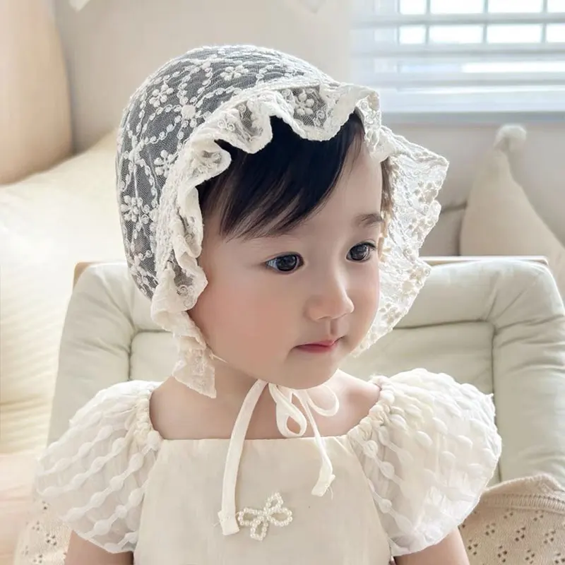 Baby Girl Toddlers Breathable Lacy Bonnet Eyelet Cotton Adjustable Sun Protection Hat Cute Casual Headband Hair Accessories