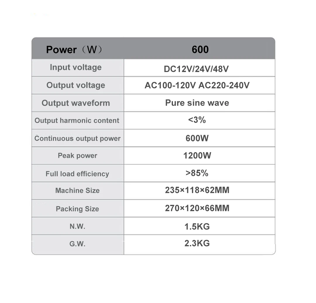 DC12V/24V/48V Pure Sine Wave Power Inverter 600W AC100-120V AC220-240V High Freq