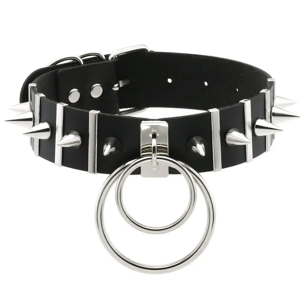 

Female Punk Rivet Double Ring Pendant Harajuku Leather Collar Neckband Necklace Clavicle Necklace