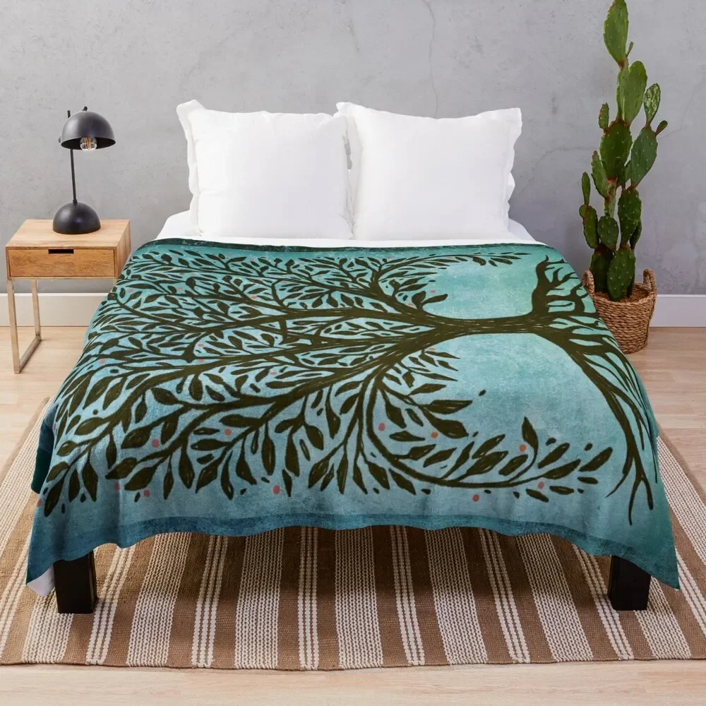 

Tree Of Life Woodcut In Blue Throw Blanket Soft Big Bed covers Custom Blankets