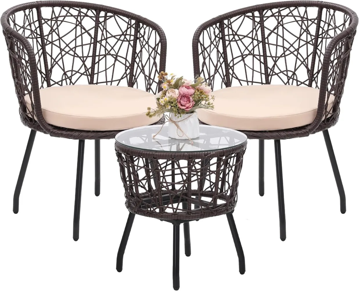 3 Piece Bistro Set, Modern Outdoor Wicker Patio Furniture with Tempered Glass Table Top and 2 Chairs, Washable Cushions 6