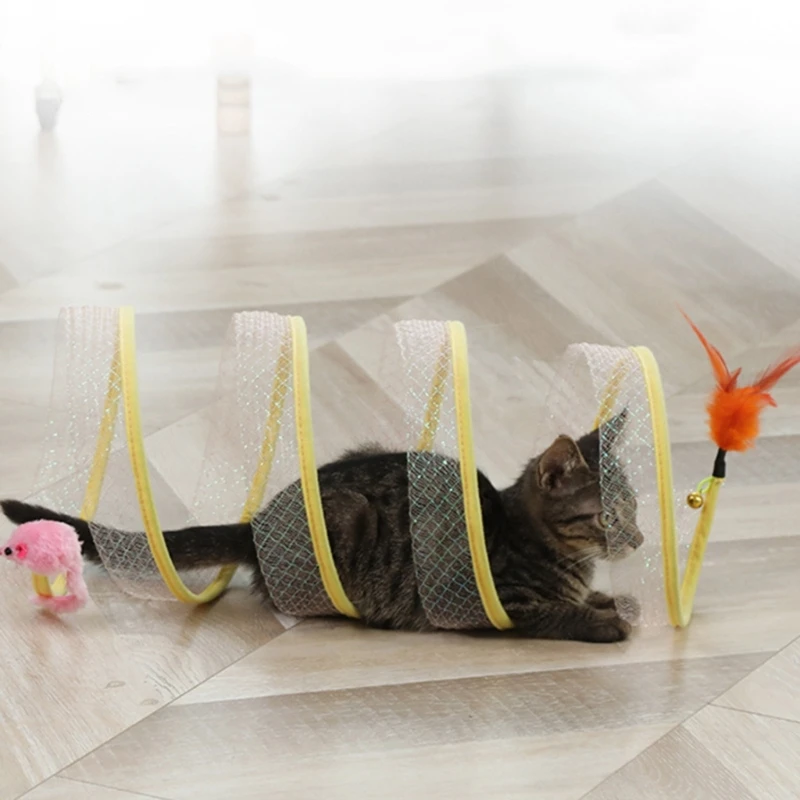 

K5DC Collapsible Tunnel S-shape Toy with Cute Sisal-ball Feather Playtube Playing- Center Crinkle Tunnel