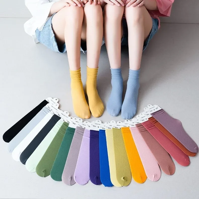 Japanese Korean Women Ice Thin Loose Calf Tube Socks Summer Nylon Socks Fashion College Style Solid Color women socks