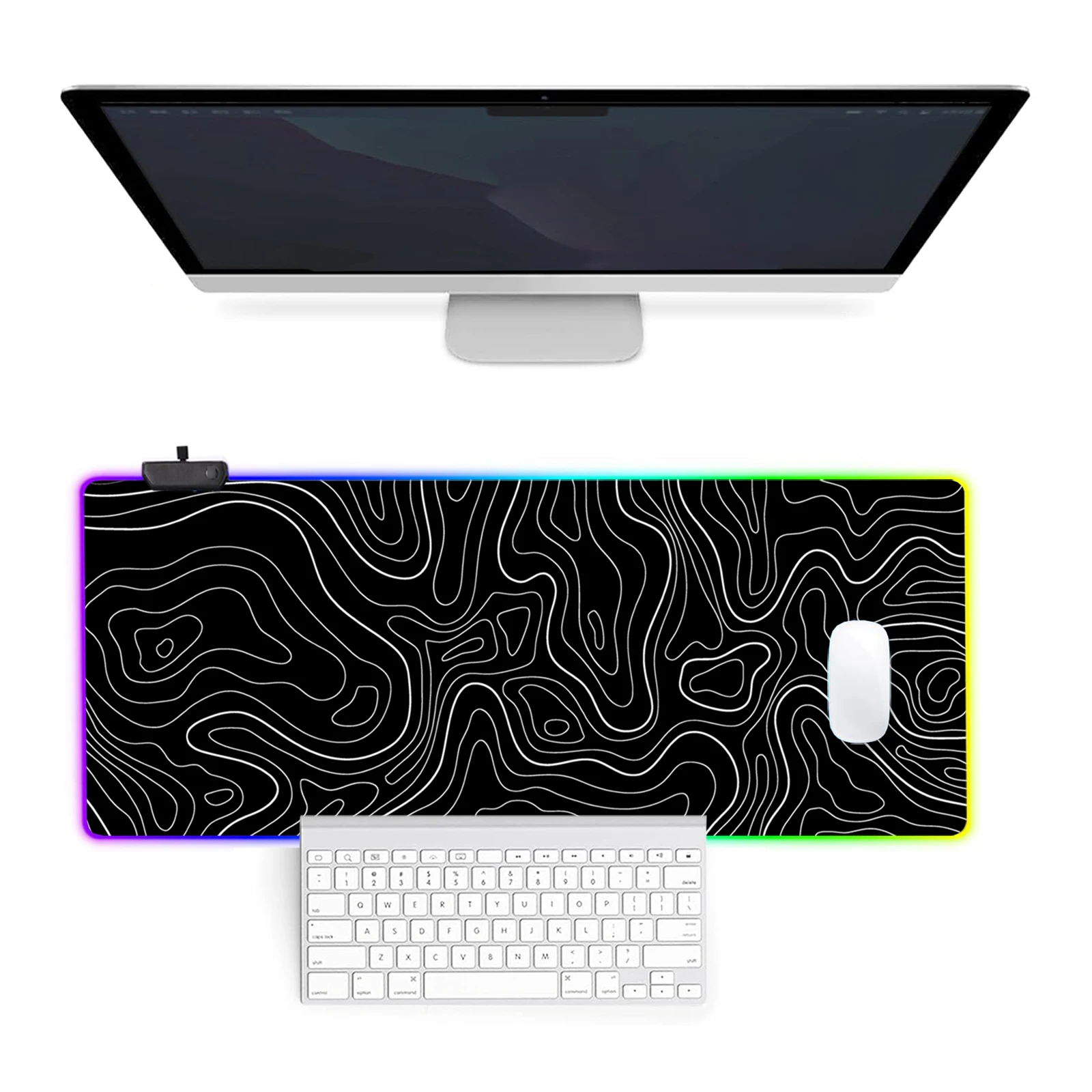 RGB Light Mouse Pad Topographic Black and White Pattern Gaming - Button Control Extended Keyboard Mat Non-Slip Rubber Base 4