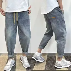 Korean Luxury Clothing Loose Drawstring Denim Harem Pants for Men Vintage Washed Elastic Waistband Jeans Baagy Cargo Pants Men