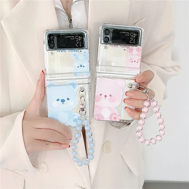 Cute Bear Bracelet Phone Cases For Samsung Galaxy Z Flip 3 5G Hard Plastic Pc 3 In 1 Full Coverage Case For Samsung Z Flip3