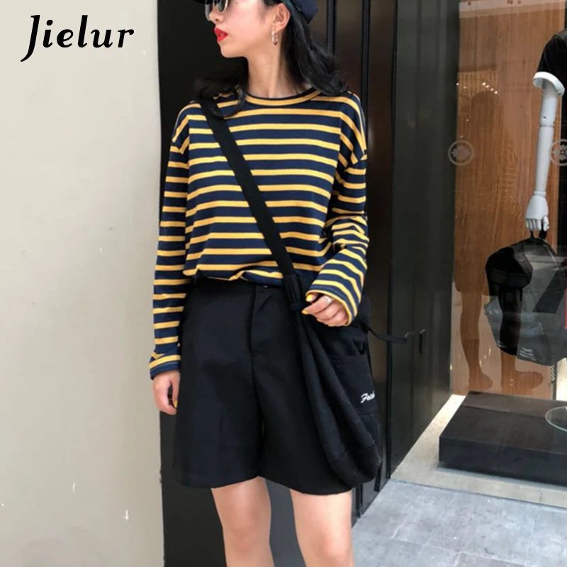 

Summer Spring Korean T-shirt Women Girlfriends Yellow Stripe Chic Long Sleeve O-Neck T-shirts Ulzzang Tee Shirt Top Femme