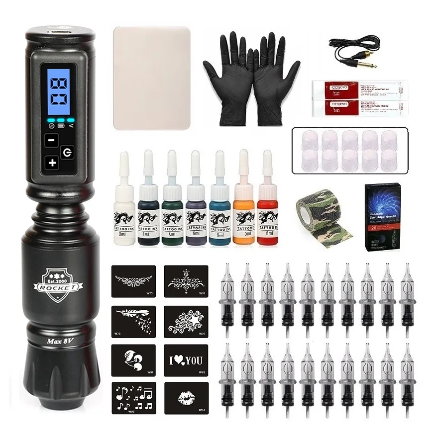 

Rocket Mini Rotary Tattoo Pen с 10 шт. иглой для картриджа для начинающих художников, беспроводная тату-машинка, комплект, профессиональный инструмент