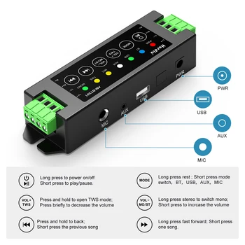 Herdio 4-Channel Bluetooth Amplifier 200W Power Output With 24V5A AC-DC Power Supply Wall Mount USB/MIC/AUX For Passive Speakers 3