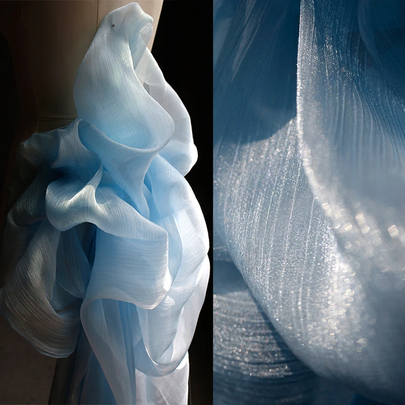 

Fabric Wide 140cmx50cm Light Blue White Mesh Breathable Shiny Texture DIY Clothing Wedding Background Decoration Handmade Dress