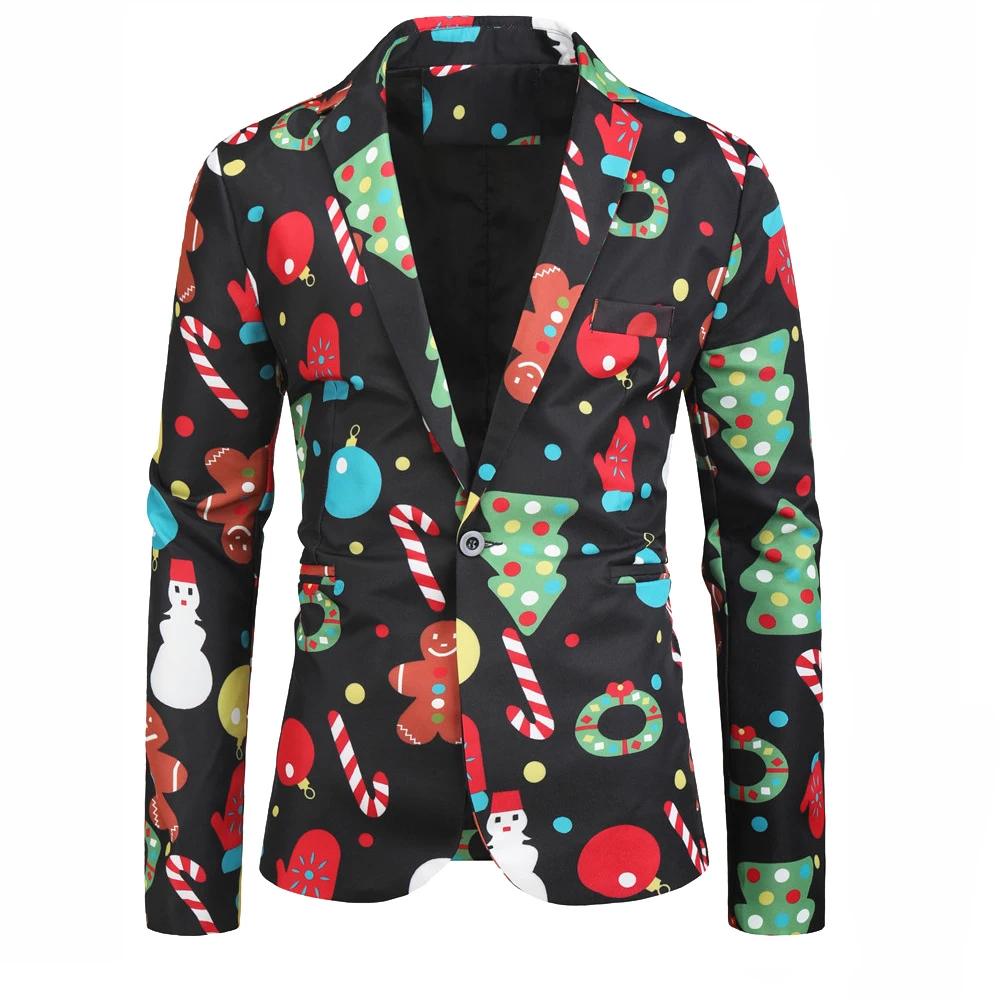 thumbnail image 1 of Chaqueta blazer navideña para hombre, estampada, de moda, de manga larga, talla grande, para fiesta de noche de Navidad, blazer, abrigo, disfraz, 1 of 5