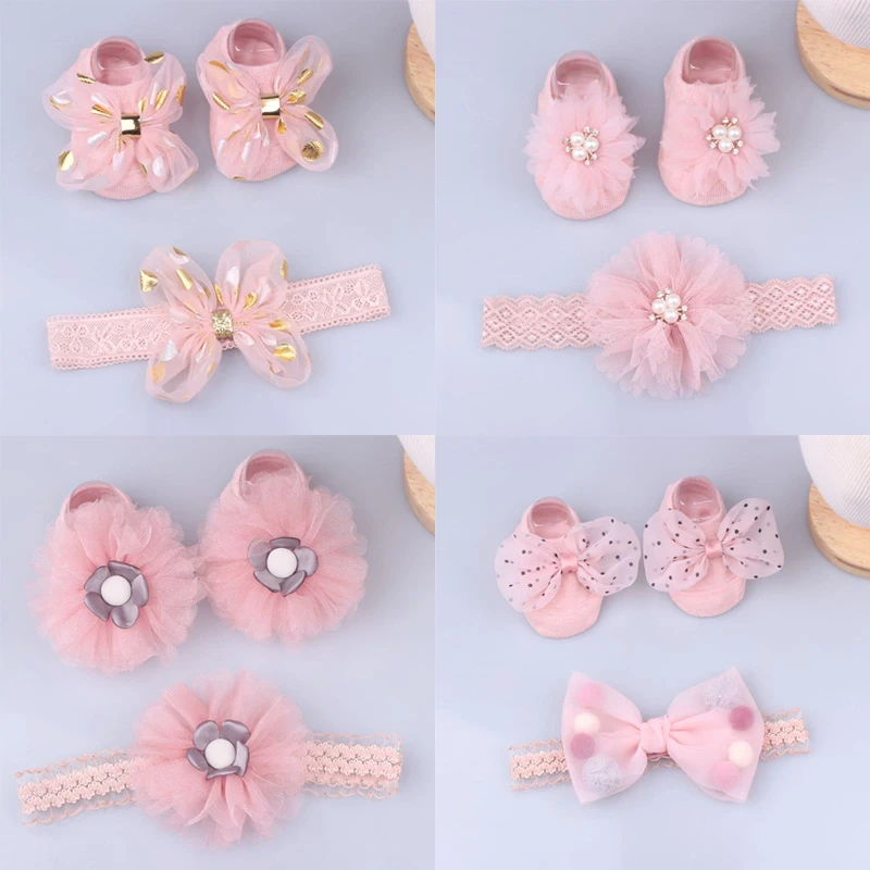 Baby Headband Socks Set Princess Newborn Headbands Hair Bands Girls Lace Flower Bows Turban Baby Hair Accessories 2 Pcs