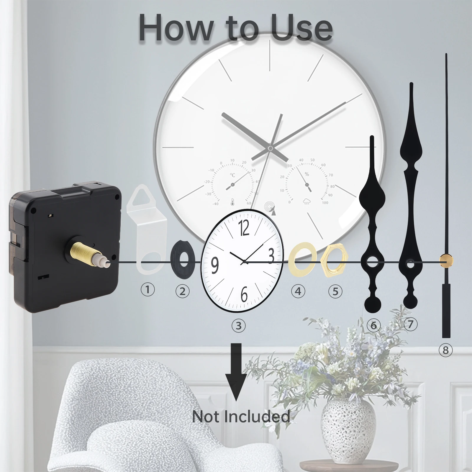 Wall Clock Quartz Movement Mechanism with Golden Hands Pointer Set, Metal Hook for Clock DIY Clock Repair Parts Replacement 3