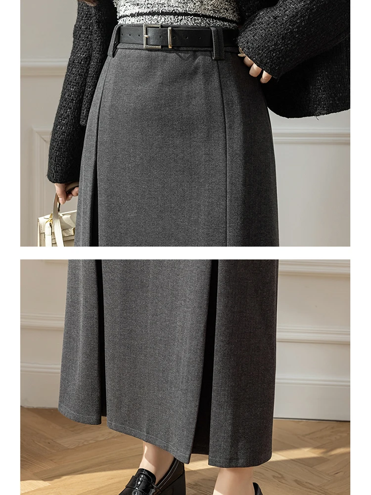 Vintage High Waist Pleated Wool Skirt Woman Elegant Korean Winter Long Maxi  Skirts For Women Belt Black Brown Gray Jupe Femme