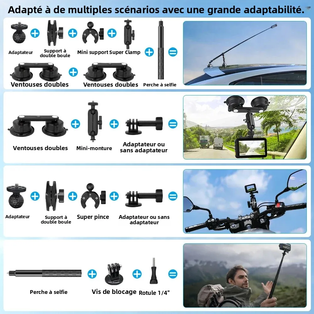 Insta360 X5 fixée au support ventouse voiture, fixation solide et rotative permettant des angles de vue variés.