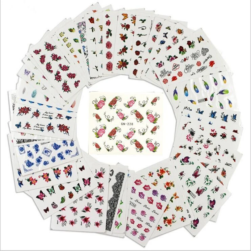 Nail Stickers 50 Sheets Mixed Designs Water Transfer Art Sticker Watermark Decals DIY Decoration for Beauty Manicure Tools
